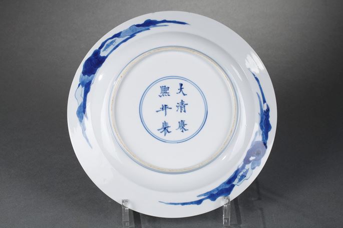 Chinese blue and white porcelain plate with two long Eliza in a garden in front of a censer | MasterArt